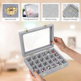 img 3 attached to Hivory Earring Jewelry Box - Small Jewelry Tray For Teen Girls - Jewelry Holder For Teen - Accessories Organizer With Clear Lid - Snap Secure & Travel Friendly (24 Grid, Grey)