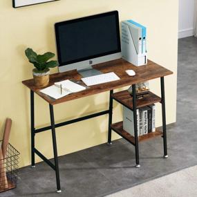 img 3 attached to Upgrade Your Home Office With VECELO 43 Inch Writing Desk - Two-Tiered Storage Shelves, Adjustable Feet And Waterproof Surface - Walnut Finish