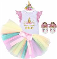 unicorn-inspired 1st birthday outfit for baby girls: romper, tutu skirt, headband, and shoes logo