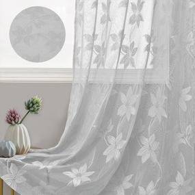 img 2 attached to DWCN Grey Floral Lace Sheer Curtains - Set Of 2 Rod Pocket Window Voile Sheer Drapes For Bedroom Kitchen, 52 X 72 Inches Long Short Curtain Panels