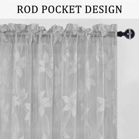 img 3 attached to DWCN Grey Floral Lace Sheer Curtains - Set Of 2 Rod Pocket Window Voile Sheer Drapes For Bedroom Kitchen, 52 X 72 Inches Long Short Curtain Panels