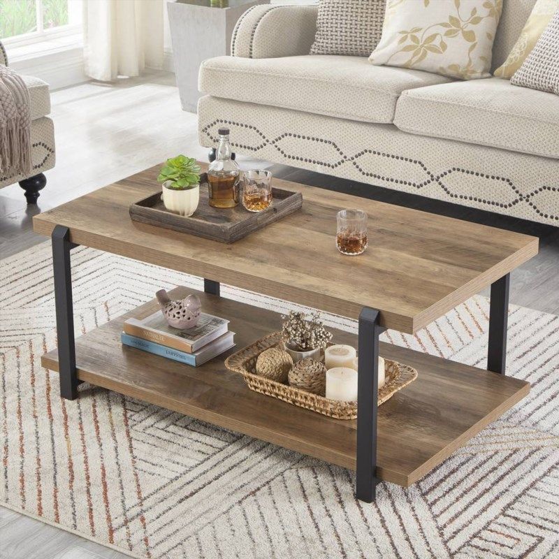 Rustic Oak Wood And Metal Industrial Coffee Table With Shelf For Living ...