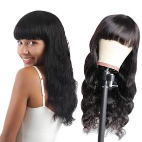 img 4 attached to BLY Loose Deep Wave Human Hair Wigs With Bangs For Black Women - Non-Lace Front, 16 Inch Brazilian Virgin Hair In Natural Color