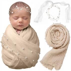img 4 attached to SPOKKI 2 PCS Baby Props Photography Wrap Kit, Newborn Photography Props, Handmade Pearl Wrap Blanket For Baby Photo Props With Pearl Headband, 35.5 X 67 Inch Newborn Outfits For Photography (Beige)