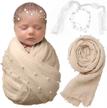 spokki 2 pcs baby props photography wrap kit, newborn photography props, handmade pearl wrap blanket for baby photo props with pearl headband, 35.5 x 67 inch newborn outfits for photography (beige) logo