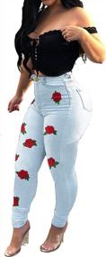 img 4 attached to Add A Touch Of Elegance To Your Wardrobe With Weigou'S Flower Embroidered High Waist Skinny Jeans