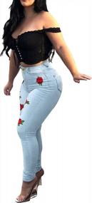 img 2 attached to Add A Touch Of Elegance To Your Wardrobe With Weigou'S Flower Embroidered High Waist Skinny Jeans