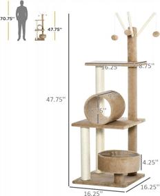 img 2 attached to Stylish Cat Tower By PawHut - Indoor Cat Tree Condo With Scratching Post, Comfortable Beds And Tunnel, Cat String Toys - 16" X 16" X 48", In Light Brown