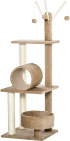 img 4 attached to Stylish Cat Tower By PawHut - Indoor Cat Tree Condo With Scratching Post, Comfortable Beds And Tunnel, Cat String Toys - 16" X 16" X 48", In Light Brown