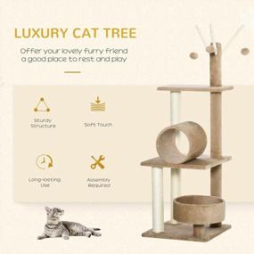 img 1 attached to Stylish Cat Tower By PawHut - Indoor Cat Tree Condo With Scratching Post, Comfortable Beds And Tunnel, Cat String Toys - 16" X 16" X 48", In Light Brown