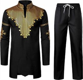 img 4 attached to Authentic African Style: LucMaton Men'S Long Sleeve Gold Print Dashiki And Pants 2 Piece Set