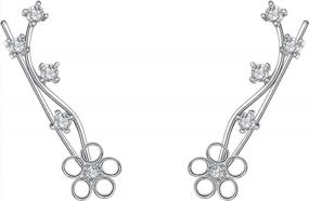 img 4 attached to 925 Sterling Silver Flower Ear Crawlers - EleQueen Cubic Zirconia Hook Cuff Earrings (1 Pair)