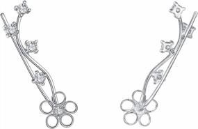 img 2 attached to 925 Sterling Silver Flower Ear Crawlers - EleQueen Cubic Zirconia Hook Cuff Earrings (1 Pair)