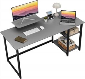 img 4 attached to GreenForest Home Office Desk With Monitor Stand And Storage Shelves: 47-Inch Modern PC Work Table In Grey