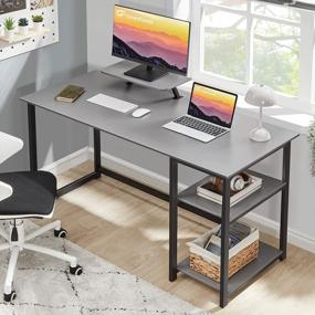 img 3 attached to GreenForest Home Office Desk With Monitor Stand And Storage Shelves: 47-Inch Modern PC Work Table In Grey