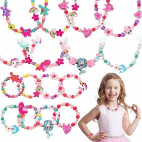 img 3 attached to 10 Sets Beaded Necklace And Bracelets For Girls Unicorn Mermaid Rainbow Animal Pendant Colorful Wooden Beads Princess Necklace Dress Up Pretend Play Jewelry Set Party Favor Gifts For Toddlers Kids