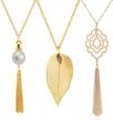 set of three sevenstone long pendant necklaces for women: knot, disk, and circle with tassel statement sweater necklaces logo