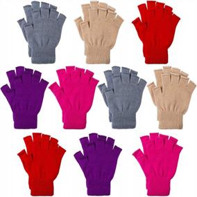 img 4 attached to 10 пар полупальцевых перчаток для мужчин и женщин, зимние теплые эластичные вязаные перчатки без пальцев, Cooraby
