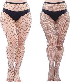 img 4 attached to Aneco 2 Pairs Plus Size Sparkle Diamond Fishnets Sexy Black Tights