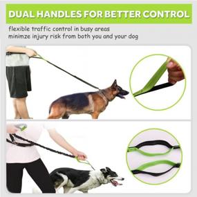 img 2 attached to Hands Free Dog Leash For Running Walking Training Hiking, Dual-Handle Reflective Bungee, Poop Bag Dispenser Pouch, Adjustable Waist Belt, Shock Absorbing, Ideal For Medium To Large Dogs (Black/Green)