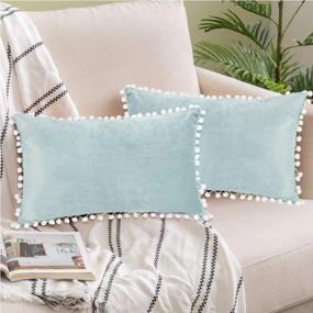 img 4 attached to Add A Pop Of Style With Joveco'S Pack Of 2 Soft Decorative Throw Pillow Covers With Pom Poms In Light Blue - Perfect For Couches, Beds, Cars, And Sofas, Sized 12 X 20 Inches!