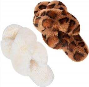 img 4 attached to Experience Ultimate Comfort With Parlovable'S Plush Cross Band Slippers - 2 Pairs In Cream And Leopard Print, US Size 9-10