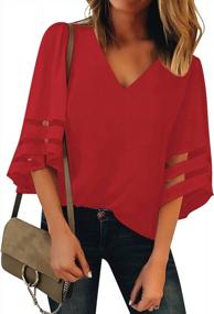img 4 attached to Рубашка свободного кроя с сетчатой ​​вставкой и расклешенным рукавом 3/4 для женщин, блузка с V-образным вырезом LookbookStore