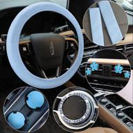 10 pcs leather steering wheel cover for women cute car accessories set with seat belt shoulder pads seatbelt covers cup holders bling start button ring sticker air vent clip car accessories(blue) логотип