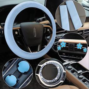 img 4 attached to 10 Pcs Leather Steering Wheel Cover For Women Cute Car Accessories Set With Seat Belt Shoulder Pads Seatbelt Covers Cup Holders Bling Start Button Ring Sticker Air Vent Clip Car Accessories(Blue)