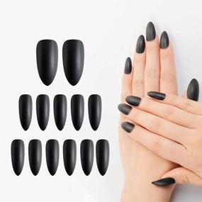 img 4 attached to Matte Black Oval Medium Length False Nails - 24 Piece Set With Full Cover Nail Kits By LIARTY
