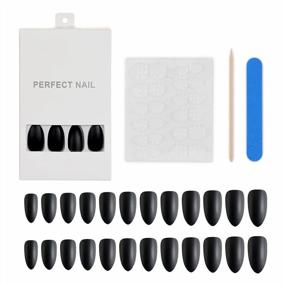 img 1 attached to Matte Black Oval Medium Length False Nails - 24 Piece Set With Full Cover Nail Kits By LIARTY
