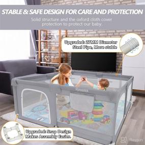 img 1 attached to 👶 Large Indoor Baby Playpen with Mat - 71"L x 60"W x 26"D, 360° Visible & Breathable Mesh, Grey Playpen for Babies and Toddlers