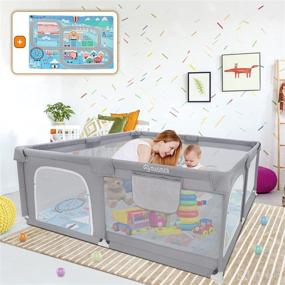 img 4 attached to 👶 Large Indoor Baby Playpen with Mat - 71"L x 60"W x 26"D, 360° Visible & Breathable Mesh, Grey Playpen for Babies and Toddlers