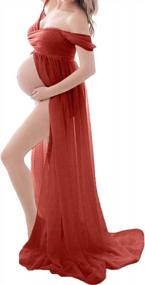 img 4 attached to Off-Shoulder Chiffon Maxi Dress With Lace Split Front For Maternity Photography Shoot