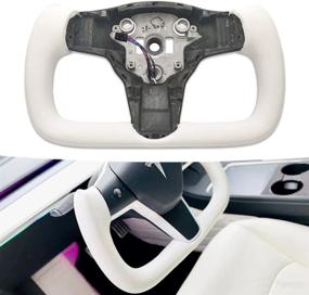 img 4 attached to Bare Yoke Leather Steering Wheel - Carbar Car Accessories For Tesla Whole Model 3 Old Model Y Modified Racing Interior Steering Wheel Using Original Front Trim