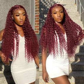 img 4 attached to 26 Inch Pizazz 99J Burgundy Deep Wave Human Hair Lace Front Wig Pre Plucked 13X4 HD Transparent Lace Frontal With Baby Hair 180 Density For Black Women