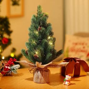 img 4 attached to Lewondr 15,7 "предварительно освещенная настольная искусственная рождественская елка со светодиодной подсветкой, рождественская мини-елка с батарейным питанием и льняной основой для украшения дома