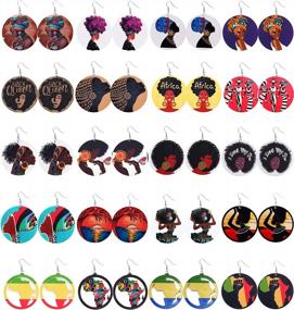 img 4 attached to 20Pairs African Wooden Earrings For Women Round Wood Painted Drop Ethnic Style