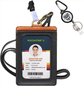 img 4 attached to Stylish And Secure Badge Holder For Office And School - ROCONTRIP Leather RFID Blocking ID Badge Card Holder With Neck Lanyard/Strap In Black-Brown (Vertical)