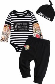 img 4 attached to 3 Piece Baby Boy Outfit Set - Long Sleeve Romper With Letter Print, Camouflage Pants, And Matching Hat