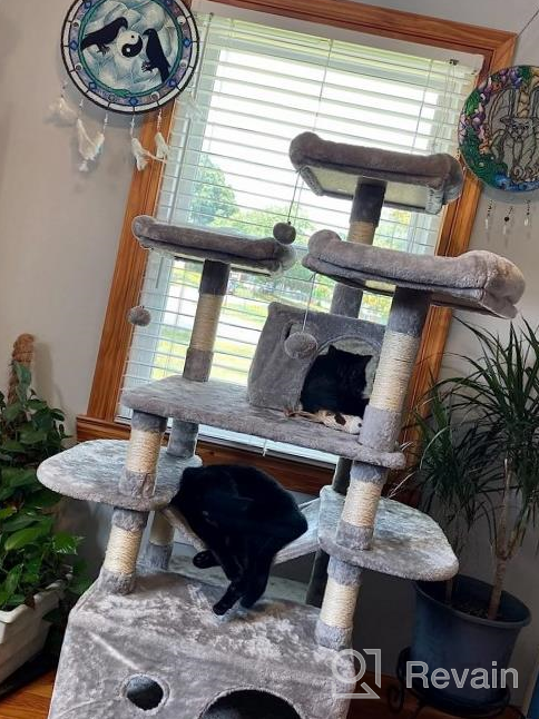 img 1 attached to Bewishome Light Grey Cat Tree Condo With Multiple Perches, Houses, Hammock, And Sisal Scratching Posts - Large Kitty Tower Furniture And Activity Center For Kitten Play And Lounging (Model MMJ03G) review by Josh Cox