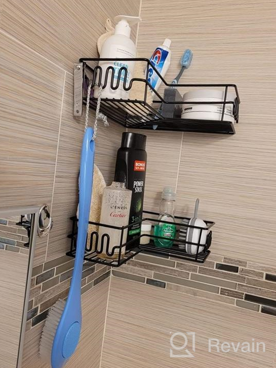 img 1 attached to Organize Your Shower And Save Space With HappyHapi'S Rust Resistant Adhesive Corner Caddy - Matte Black 2 Pack Set With Hooks For Bathroom, Toilet, Kitchen, And Dorm review by Patrick Brinson
