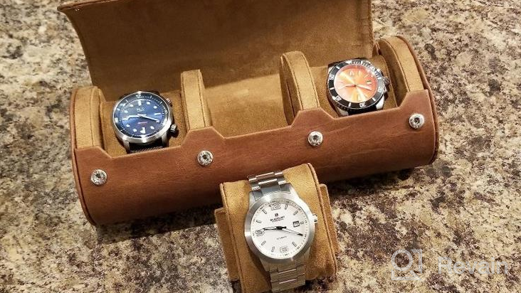 img 1 attached to ROTHWELL Watch Roll Travel Case For 3 Watches Tough Portable Protection, Fits All Wrist Watches & Smart Watches Up To 50Mm (Blue/Tan) review by Eric Fish