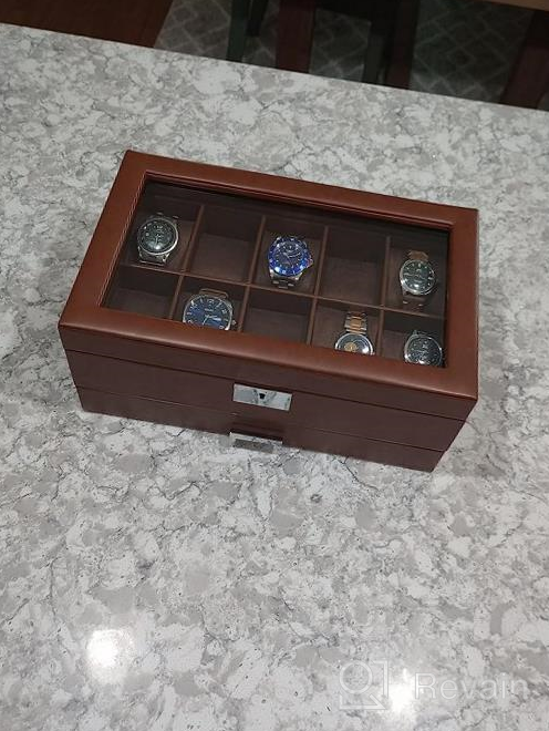 img 1 attached to ROTHWELL 10-Slot Watch Box In Leather With Valet Drawer, Luxury Watch Case Display Organizer With Ultra Soft Microsuede Liner, Jewelry And Sunglass Holder With Large Glass Top (Tan/Brown) review by Bill Dooley