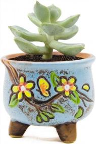 img 2 attached to Charming Hand-Painted Ceramic Succulent Pot For Vintage Style Decor - 3 Inch Goldblue Planter Pots With Little Flower Design
