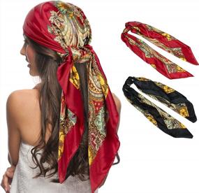 img 4 attached to 2 PCS Womens Satin Scarf: Large Square Silk Feel Hair Wraps For Sleeping - 35 X 35 Inches