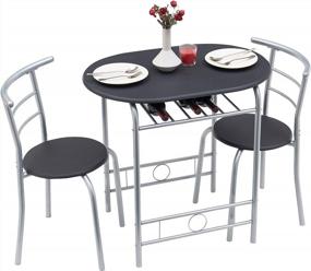 img 4 attached to VECELO 3-Piece Black Wood Round Table and Chair Set for Dining Room, Kitchen, Bar Breakfast - with Wine Storage Rack, Space-Saving, 31.5 inches