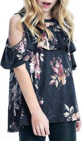 img 4 attached to 🌸 Chic and Comfortable: Blibea Casual Floral Shoulder Ruffles Collection for Girls - Stylish Tops, Tees & Blouses