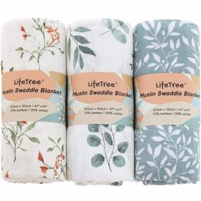 img 4 attached to LifeTree Muslin Swaddle Blankets, 3 Pack Baby Swaddling Neutral Receiving Blanket For Boys & Girls, Bamboo Cotton, Eucalyptus / Florals / Leave Pattern, Large 47 X 47 Inches