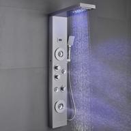rovate 6-in-1 rainfall waterfall shower panel tower system with led lights, modern shower column with temperature display, 4 mist sprays, 2 body jets, handheld and tub spout, brushed stainless steel logo